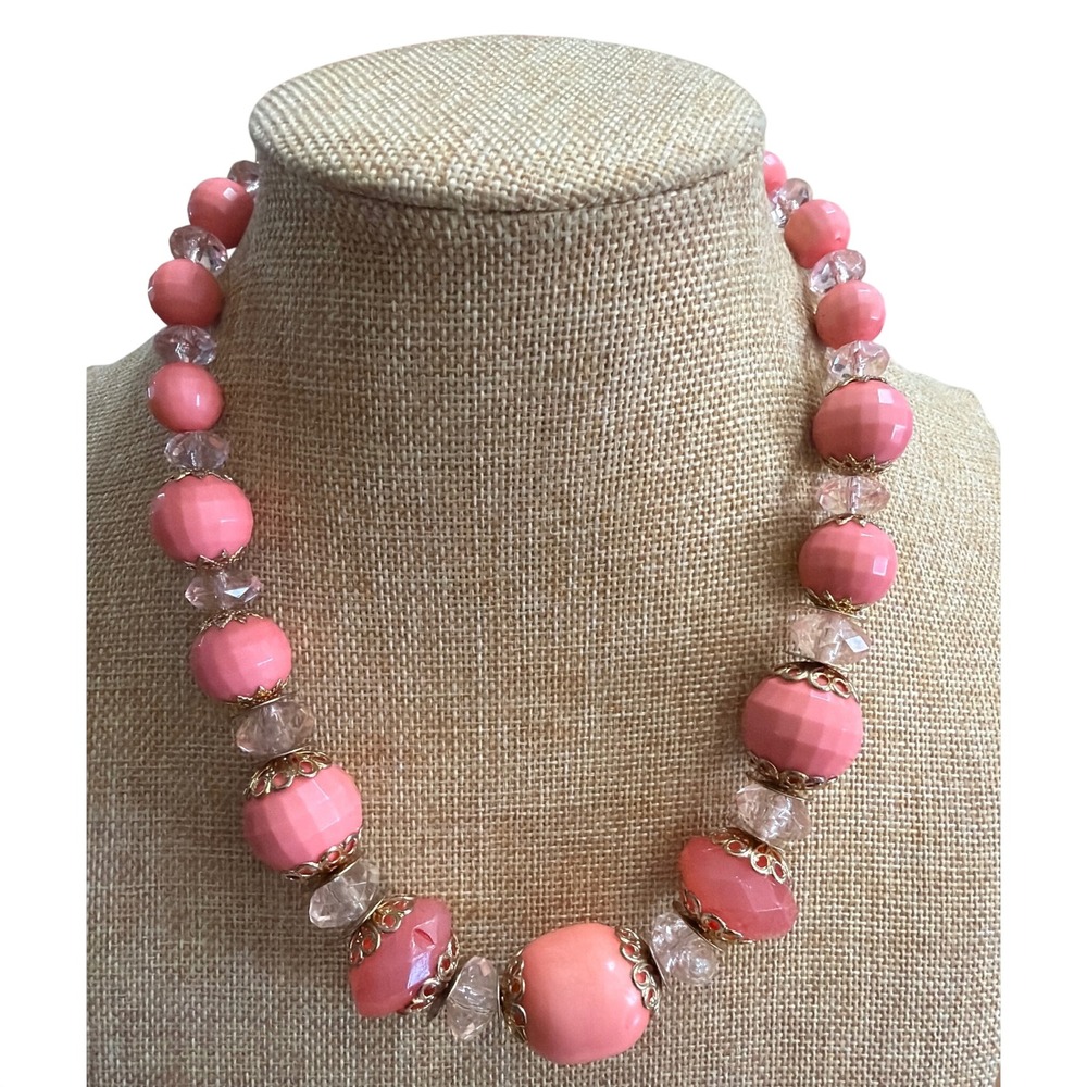 Coral Pink Chunky Beaded Statement Necklace Gold Tone Filigree Accents Gift